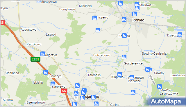 mapa Potrzebowo gmina Bojanowo, Potrzebowo gmina Bojanowo na mapie Targeo