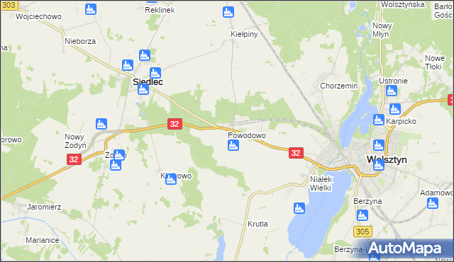 mapa Powodowo gmina Wolsztyn, Powodowo gmina Wolsztyn na mapie Targeo