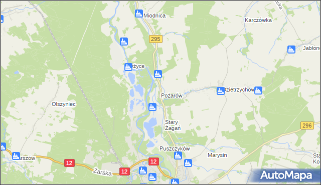 mapa Pożarów gmina Żagań, Pożarów gmina Żagań na mapie Targeo