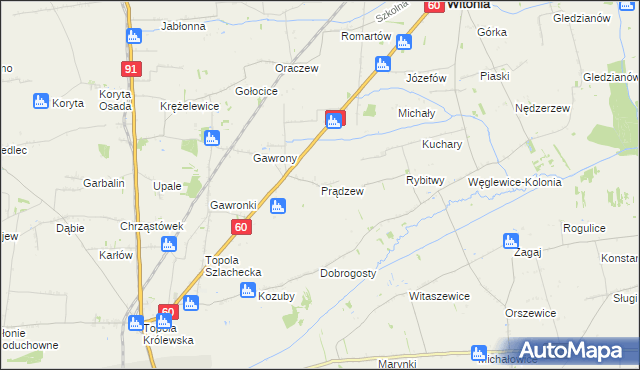 mapa Prądzew gmina Łęczyca, Prądzew gmina Łęczyca na mapie Targeo