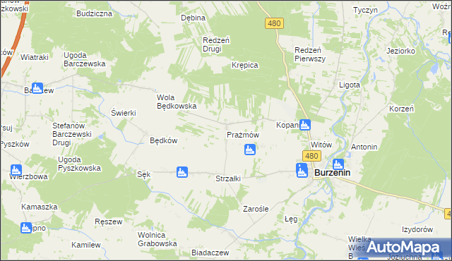 mapa Prażmów gmina Burzenin, Prażmów gmina Burzenin na mapie Targeo