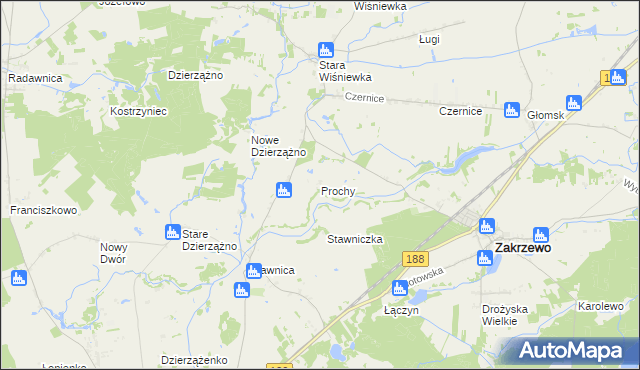 mapa Prochy gmina Zakrzewo, Prochy gmina Zakrzewo na mapie Targeo