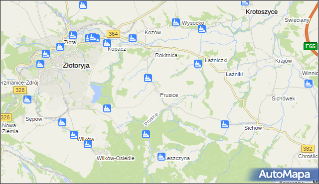 mapa Prusice gmina Złotoryja, Prusice gmina Złotoryja na mapie Targeo