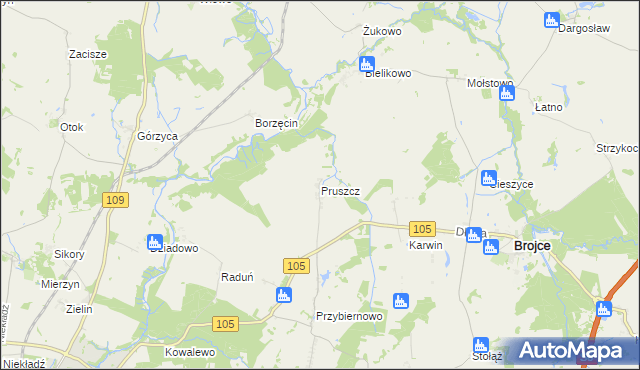 mapa Pruszcz gmina Brojce, Pruszcz gmina Brojce na mapie Targeo