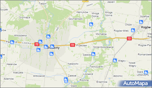 mapa Przecław gmina Brzeziny, Przecław gmina Brzeziny na mapie Targeo