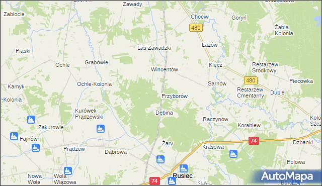 mapa Przyborów gmina Widawa, Przyborów gmina Widawa na mapie Targeo