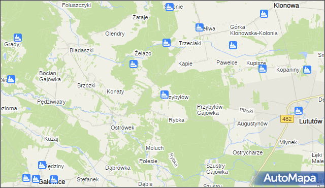 mapa Przybyłów gmina Galewice, Przybyłów gmina Galewice na mapie Targeo