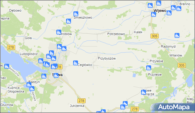 mapa Przybyszów gmina Sława, Przybyszów gmina Sława na mapie Targeo