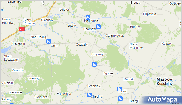 mapa Przykory gmina Miastków Kościelny, Przykory gmina Miastków Kościelny na mapie Targeo