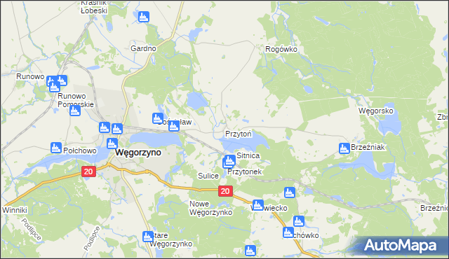mapa Przytoń gmina Węgorzyno, Przytoń gmina Węgorzyno na mapie Targeo