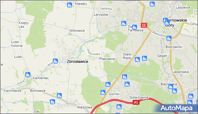 mapa Ptakowice gmina Zbrosławice, Ptakowice gmina Zbrosławice na mapie Targeo