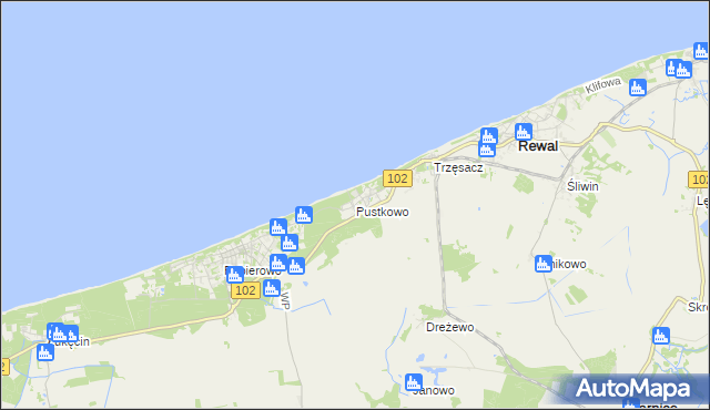 mapa Pustkowo gmina Rewal, Pustkowo gmina Rewal na mapie Targeo