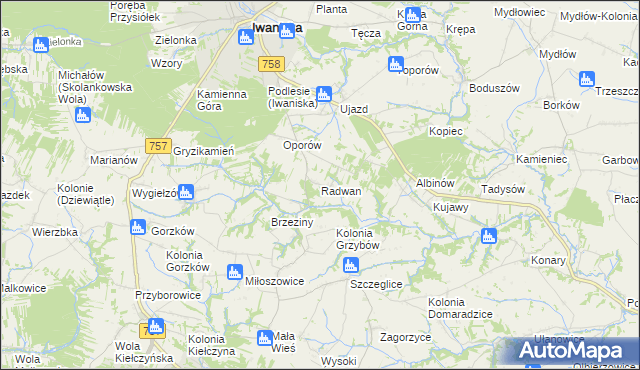 mapa Radwan gmina Iwaniska, Radwan gmina Iwaniska na mapie Targeo