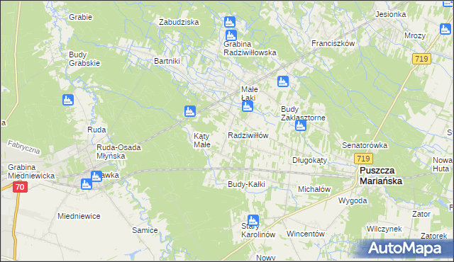 mapa Radziwiłłów gmina Puszcza Mariańska, Radziwiłłów gmina Puszcza Mariańska na mapie Targeo