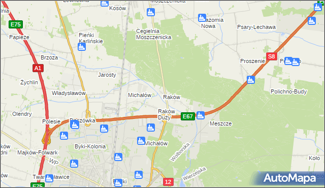 mapa Raków gmina Moszczenica, Raków gmina Moszczenica na mapie Targeo