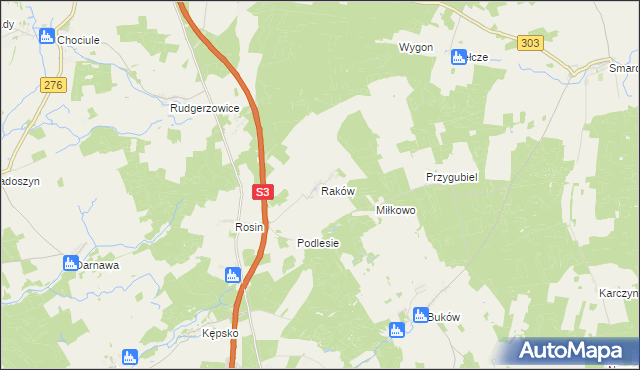 mapa Raków gmina Świebodzin, Raków gmina Świebodzin na mapie Targeo