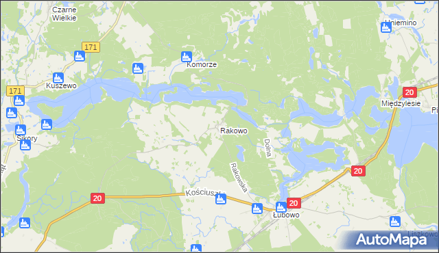 mapa Rakowo gmina Borne Sulinowo, Rakowo gmina Borne Sulinowo na mapie Targeo