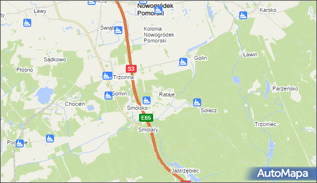 mapa Rataje gmina Nowogródek Pomorski, Rataje gmina Nowogródek Pomorski na mapie Targeo