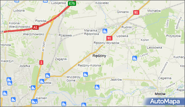 mapa Rędziny powiat częstochowski, Rędziny powiat częstochowski na mapie Targeo