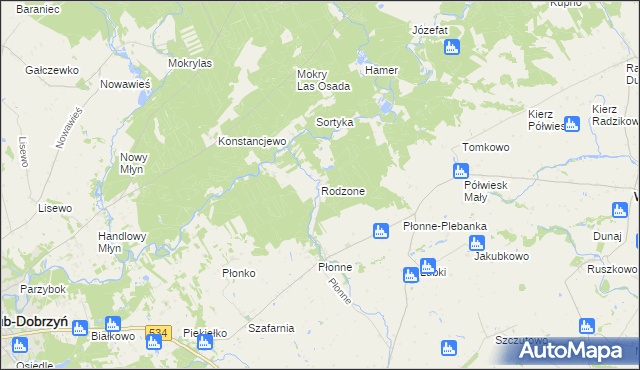 mapa Rodzone gmina Radomin, Rodzone gmina Radomin na mapie Targeo