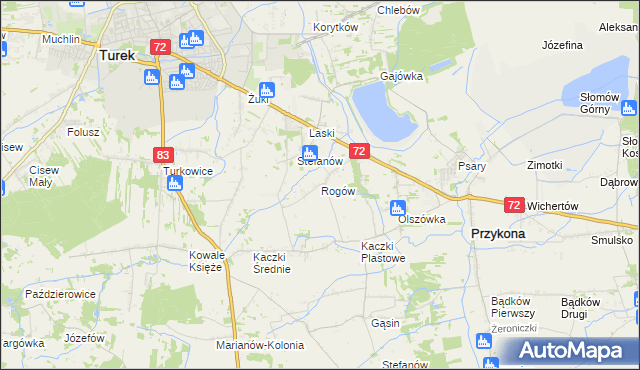 mapa Rogów gmina Przykona, Rogów gmina Przykona na mapie Targeo