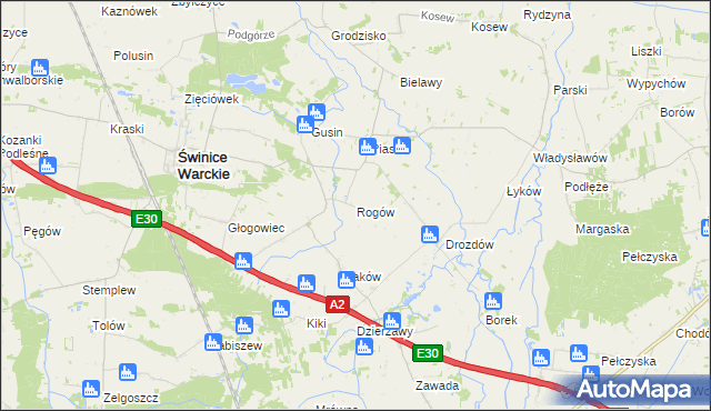 mapa Rogów gmina Świnice Warckie, Rogów gmina Świnice Warckie na mapie Targeo