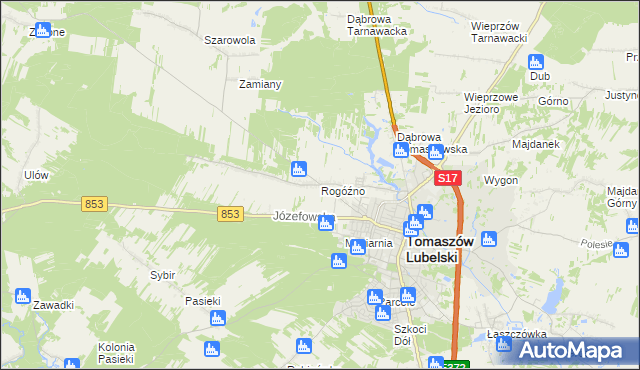 mapa Rogóźno gmina Tomaszów Lubelski, Rogóźno gmina Tomaszów Lubelski na mapie Targeo