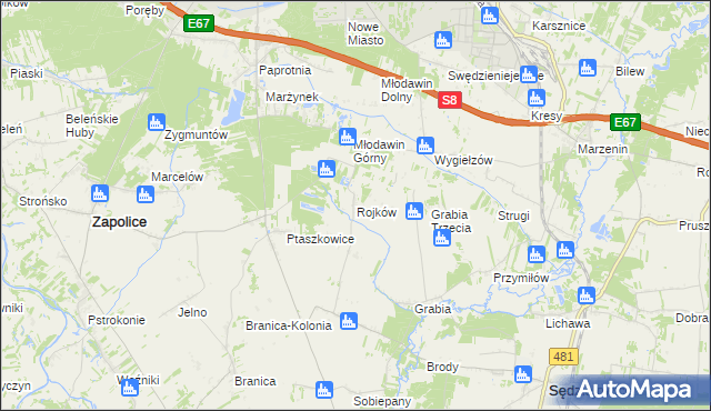 mapa Rojków gmina Zapolice, Rojków gmina Zapolice na mapie Targeo