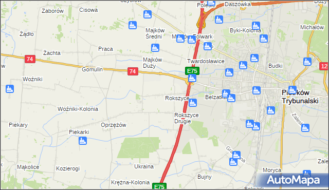 mapa Rokszyce gmina Wola Krzysztoporska, Rokszyce gmina Wola Krzysztoporska na mapie Targeo