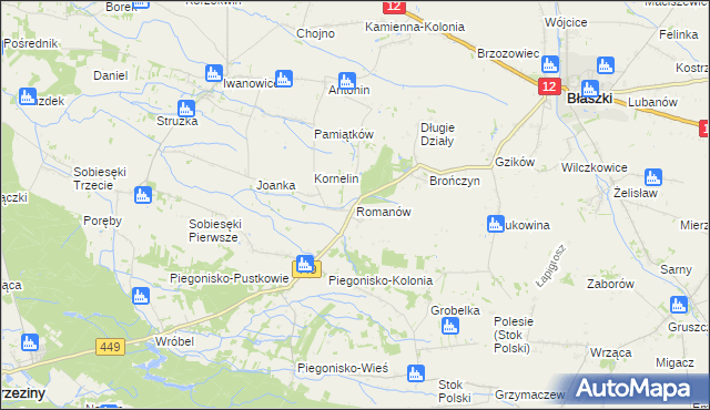 mapa Romanów gmina Błaszki, Romanów gmina Błaszki na mapie Targeo