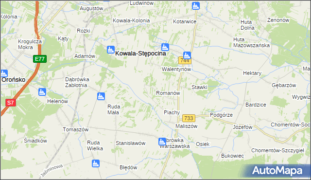 mapa Romanów gmina Kowala, Romanów gmina Kowala na mapie Targeo