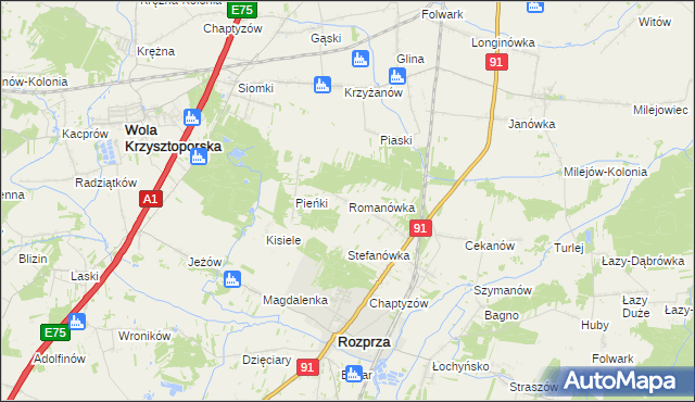 mapa Romanówka gmina Rozprza, Romanówka gmina Rozprza na mapie Targeo