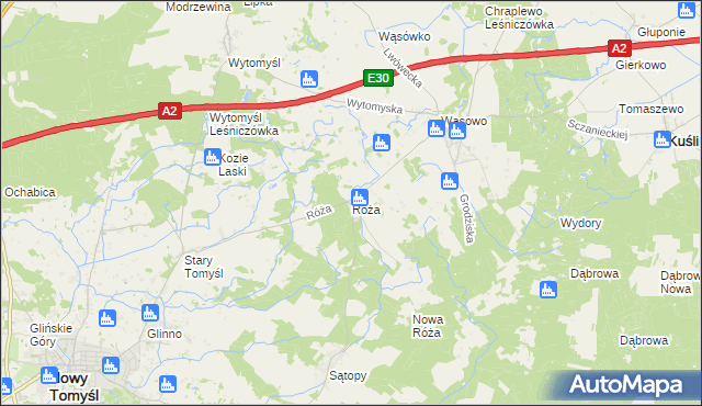 mapa Róża gmina Nowy Tomyśl, Róża gmina Nowy Tomyśl na mapie Targeo