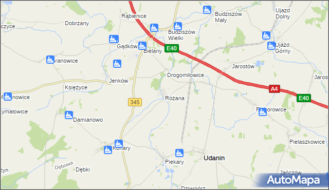 mapa Różana gmina Udanin, Różana gmina Udanin na mapie Targeo