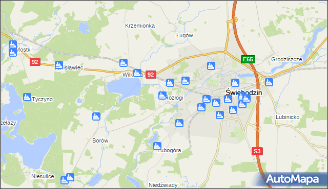 mapa Rozłogi gmina Świebodzin, Rozłogi gmina Świebodzin na mapie Targeo