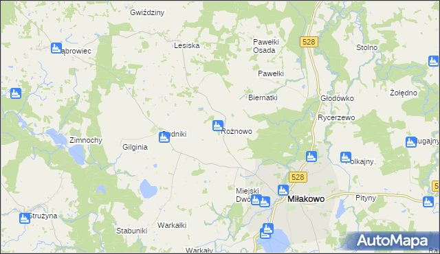 mapa Rożnowo gmina Miłakowo, Rożnowo gmina Miłakowo na mapie Targeo