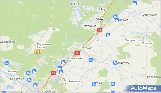 mapa Rożnowo gmina Oborniki, Rożnowo gmina Oborniki na mapie Targeo