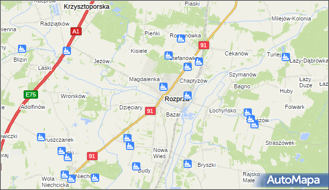 mapa Rozprza powiat piotrkowski, Rozprza powiat piotrkowski na mapie Targeo