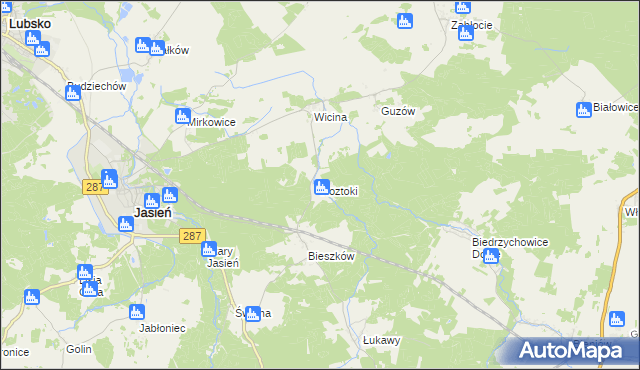 mapa Roztoki gmina Jasień, Roztoki gmina Jasień na mapie Targeo