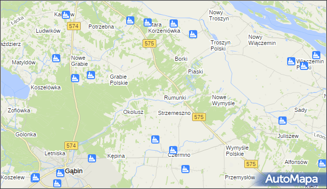 mapa Rumunki gmina Gąbin, Rumunki gmina Gąbin na mapie Targeo