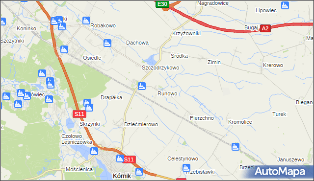 mapa Runowo gmina Kórnik, Runowo gmina Kórnik na mapie Targeo