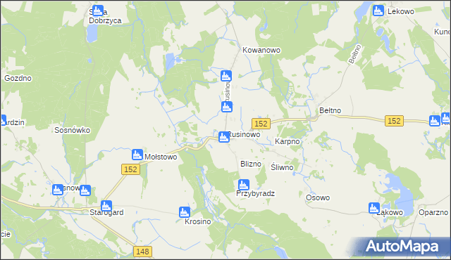 mapa Rusinowo gmina Świdwin, Rusinowo gmina Świdwin na mapie Targeo