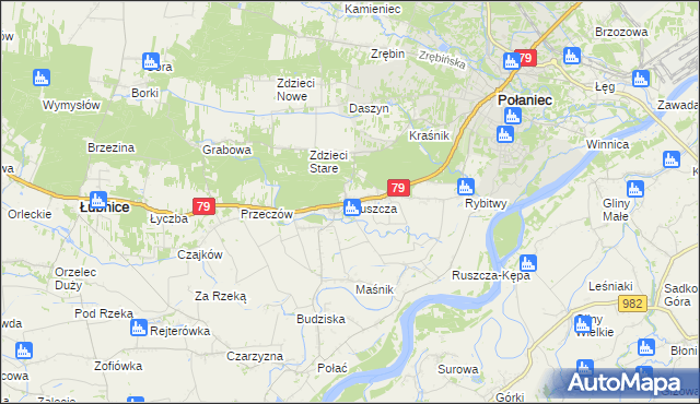 mapa Ruszcza gmina Połaniec, Ruszcza gmina Połaniec na mapie Targeo