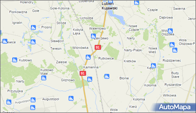 mapa Rutkowice gmina Lubień Kujawski, Rutkowice gmina Lubień Kujawski na mapie Targeo