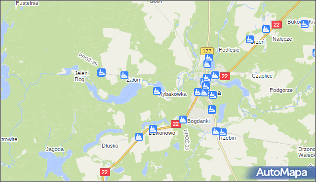 mapa Rybakówka gmina Człopa, Rybakówka gmina Człopa na mapie Targeo