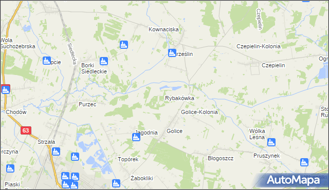 mapa Rybakówka gmina Siedlce, Rybakówka gmina Siedlce na mapie Targeo