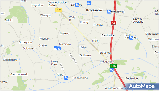 mapa Rybie gmina Krzyżanów, Rybie gmina Krzyżanów na mapie Targeo