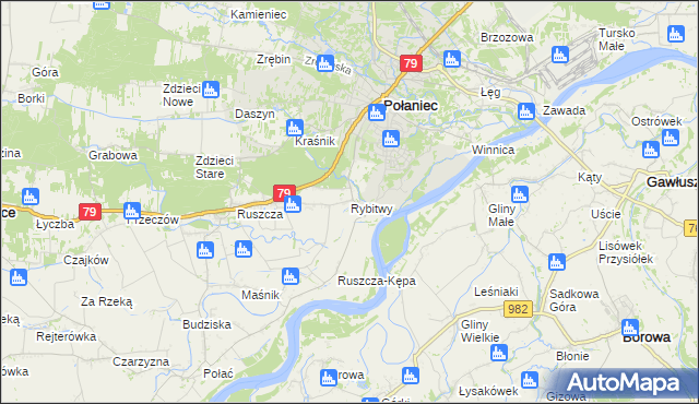 mapa Rybitwy gmina Połaniec, Rybitwy gmina Połaniec na mapie Targeo
