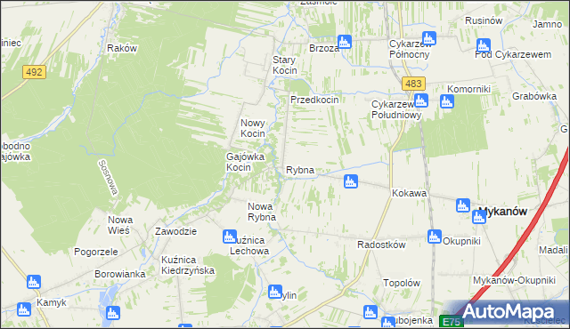 mapa Rybna gmina Mykanów, Rybna gmina Mykanów na mapie Targeo