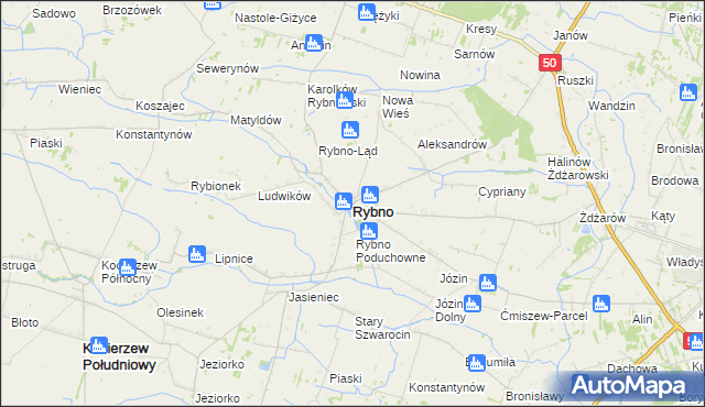 mapa Rybno powiat sochaczewski, Rybno powiat sochaczewski na mapie Targeo